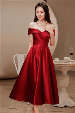 Picture of Wine Red Color Satin Tea Length Bridesmaid Dresses Party Dresses, Burgundy Satin Homecoming Dresses